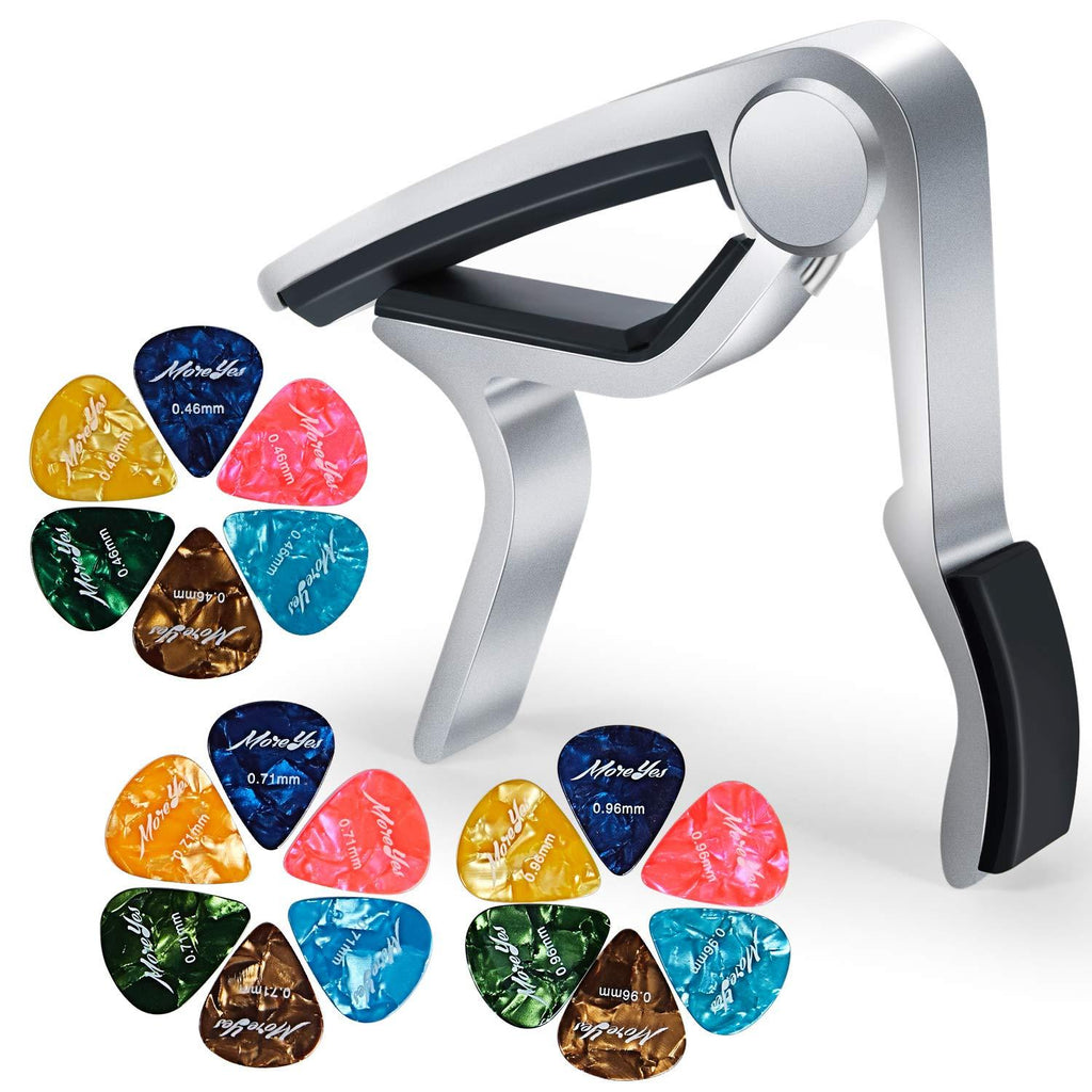MOREYES Guitar Capo with 18 pcs Guitar Picks 0.46mm 0.71mm 0.96mm for Bass Acoustic Guitar Electric Guitar (silver)