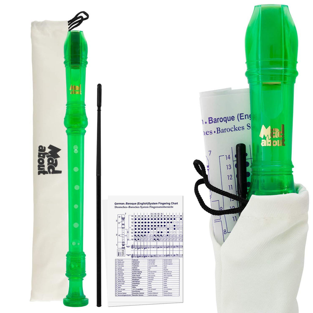Mad About REC03 Descant Recorder, Soprano School Recorder with Bag, Cleaning Rod and Fingering Chart, Green, MA-REC03