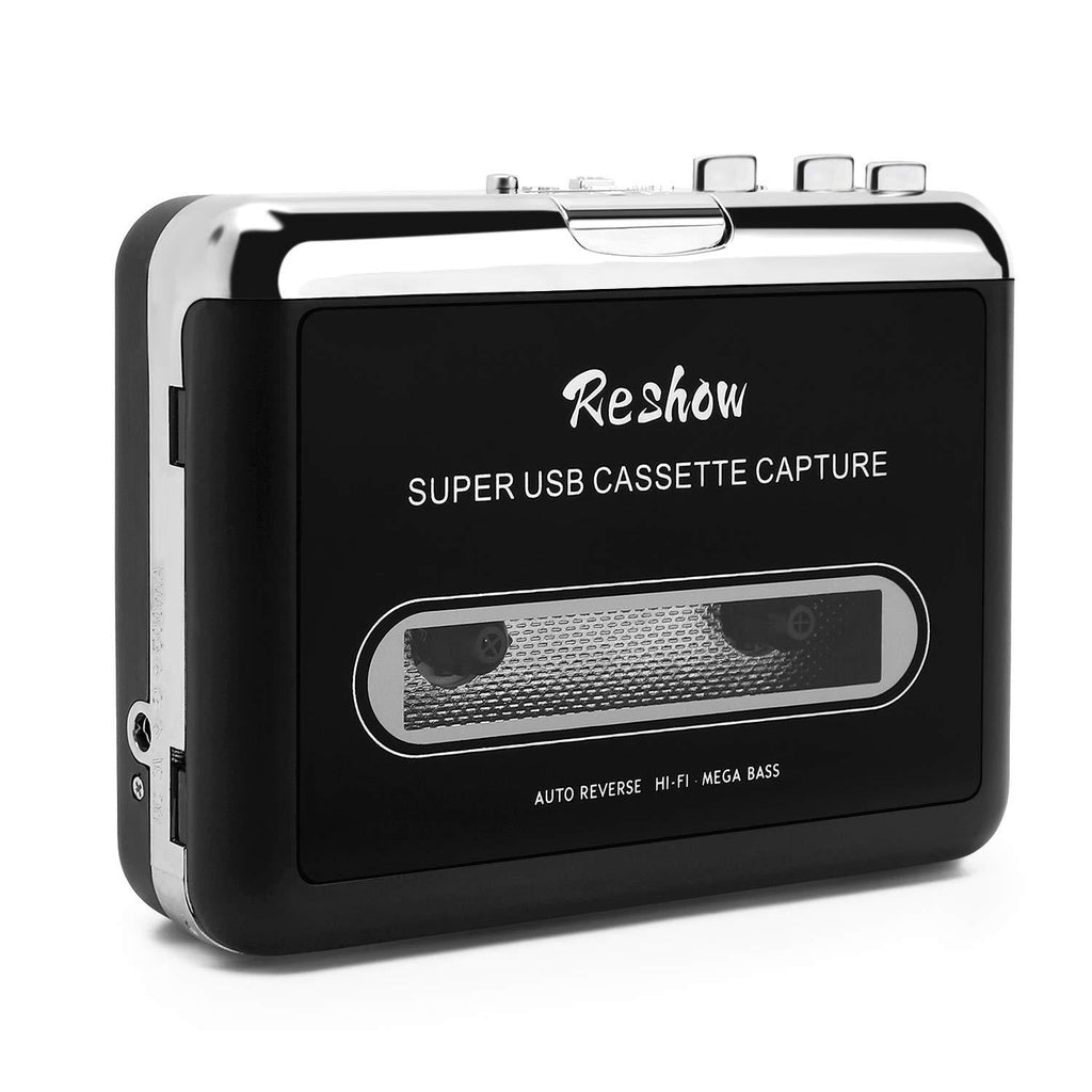 Reshow Cassette Player – Portable Tape Player Captures MP3 Audio Music via USB – Compatible with Laptops and Personal Computers – Convert Walkman Tape Cassettes to Mp3 Format Black