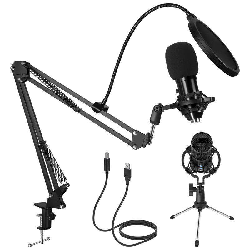Kalawen USB Condenser Microphone, Professional Cardioid Studio Mic Kit Plug and Play with Adjustable Stand and Tripod, Pop Filter, Shock Mount, Great for Gaming, Podcast, LiveStreaming, Recording black