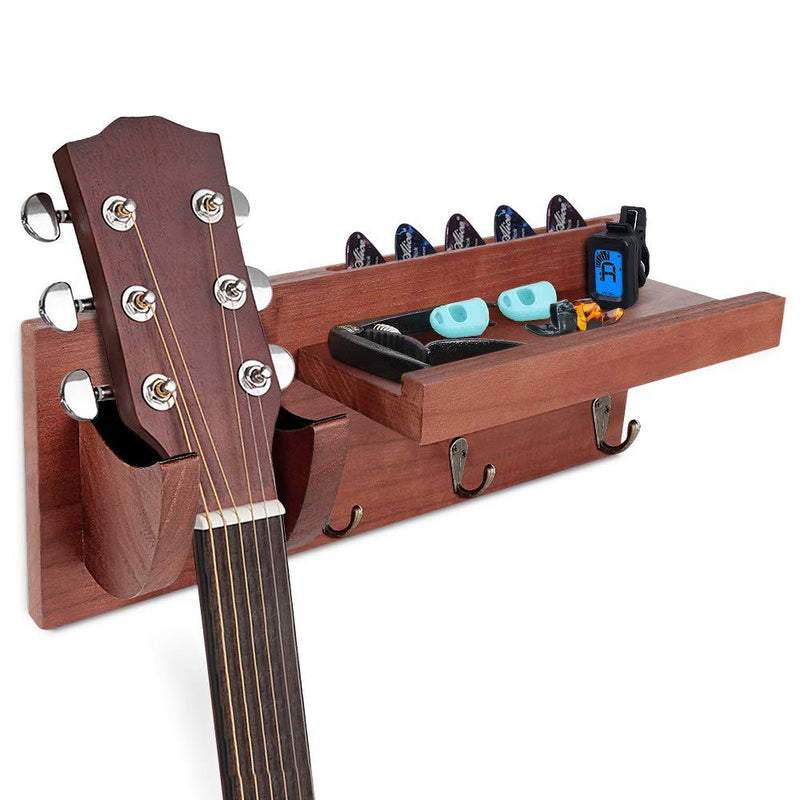 Guitar Wall Hanger, Guitar Stand with Storage Shelf and 3 Metal Hook, Guitar Wood Hanging Rack for Electric Guitar, Acoustic Guitar, Bass Guitar, Guitar Accessories