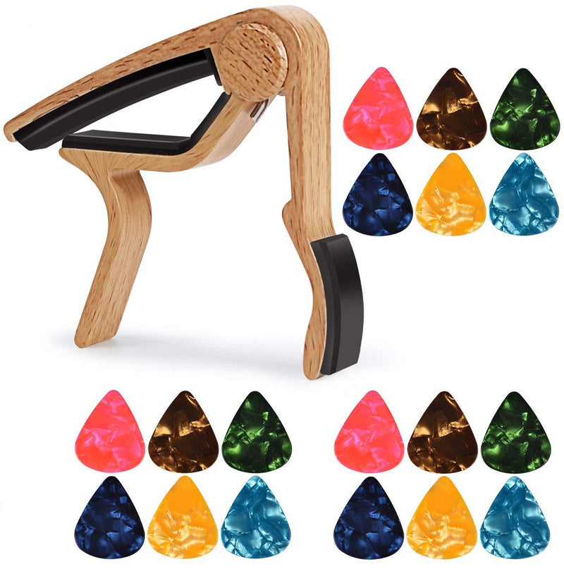 MOREYES Guitar Capo with 18 pcs Guitar Picks 0.46mm 0.71mm 0.96mm for Bass Acoustic Guitar Electric Guitar (maple)