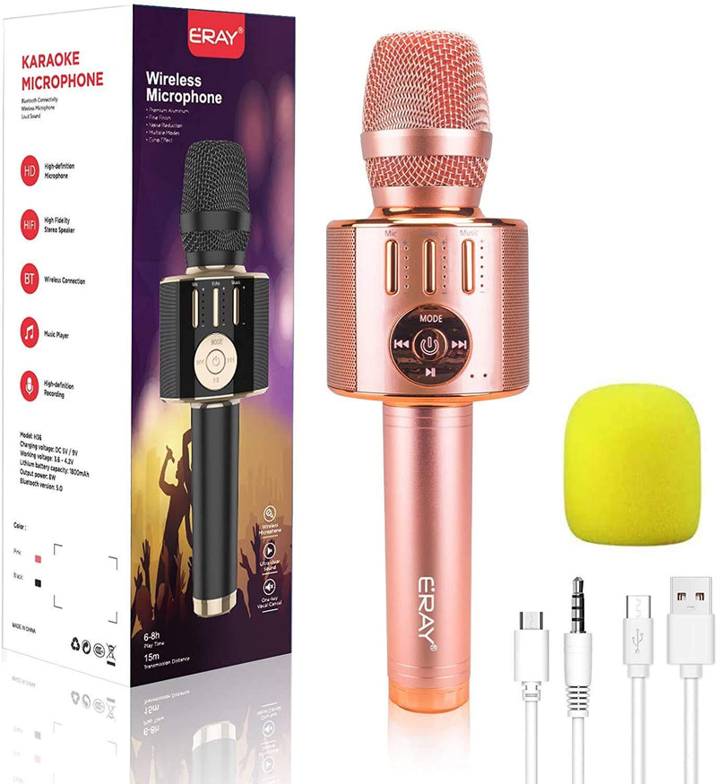 Karaoke Wireless Microphone Bluetooth, ERAY 5 in 1 Handheld Sing & Recording Portable KTV Player Home KTV Music Machine System Compatible with iOS, Android, Laptop, PC (Pink) Pink