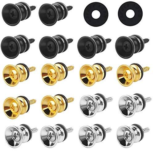 18 PCS Guitar Strap Lock and Button, Metal Flat Head Guitar Strap Anti-20Pcs Stripping Lock System for Electric Acoustic Guitar Bass Ukulele, Silver Black and Gold Colors