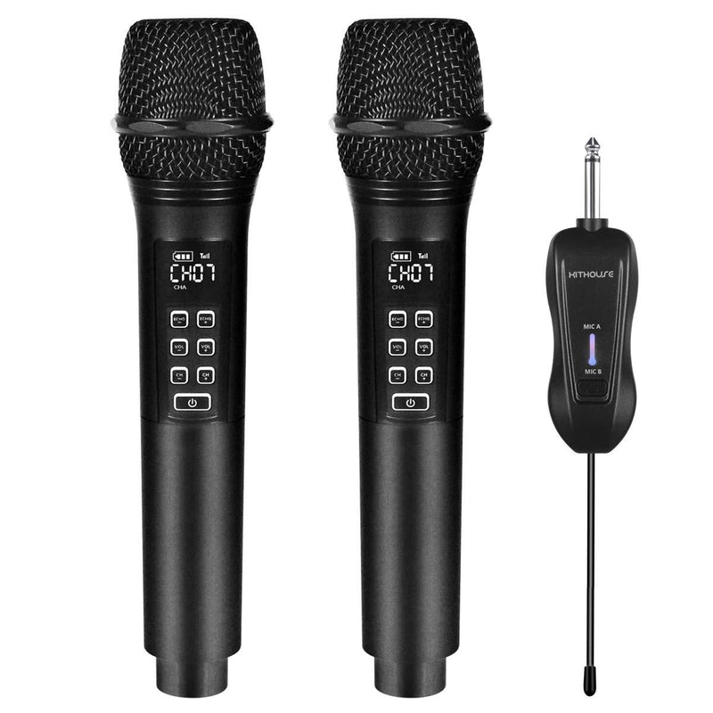Kithouse Wireless Microphone Rechargeable Dual Microphones Karaoke Cordless Mic + Volume Control + Echo with Receiver, Black UHF Microphone for Karaoke Singing Speech Church K28