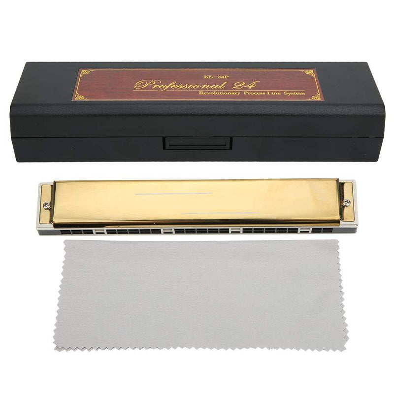 24 Holes Tremolo Harmonica Mouth Organ with Case for Adult Students Beginner (Gold E Key) Gold E Key