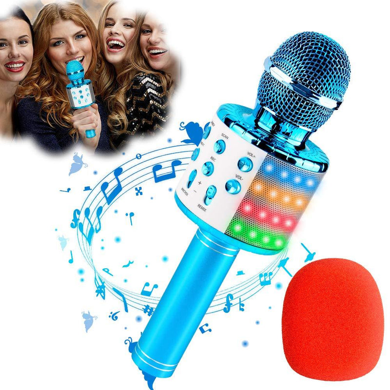 Qoosea Wireless Karaoke Microphone, Bluetooth Microphone Portable Handheld Karaoke Player Speaker with LED Dancing Light, Home KTV Player with Record Function, Compatible with Android & iOS DeviceQ blue