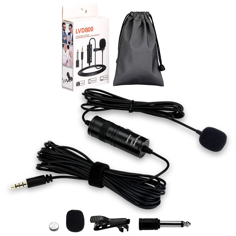 Lavalier Lapel Microphone, 3.5mm Clip On Lapel Mic with 6M Cord, Omnidirectional Condenser Microphone for iPhone, Android Smartphone, DSLR Camera, Laptop PC, Podcast, Voice Dictation, Video Recording