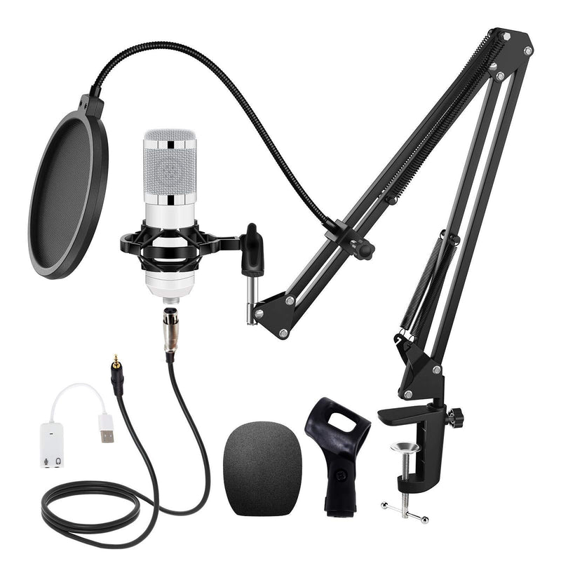 Huryfox Podcast Condenser Microphone Kit Professional Studio Mic Bundle with Adjustable Stand, Shock Mount and Pop Filter for Recording/Gaming/Streaming