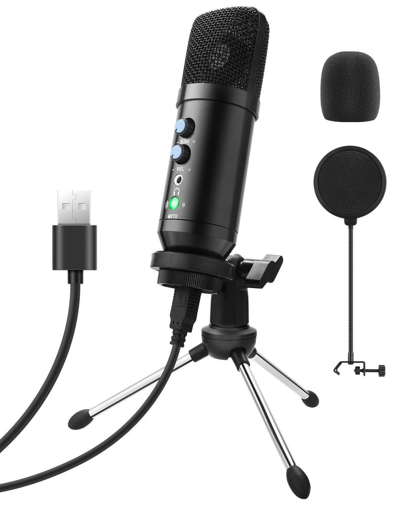 Beedove PC Microphone, Condenser USB Microphone, Professional Recording Plug & Play One Key Mute with Stand & Pop Filter for Computer Laptop PS4, for Singing Podcasting Gaming Youtube(Black) Black