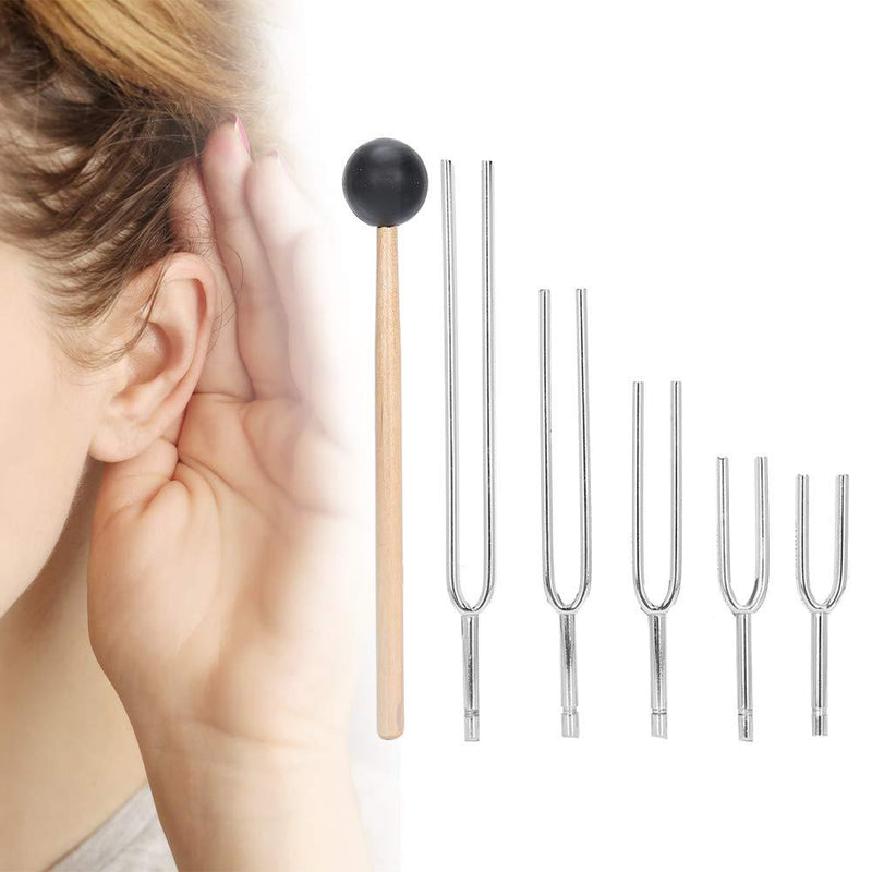 Brrnoo Tuning Fork Set, 5PCS 128HZ+256HZ+512HZ+1024HZ+2048HZ Medical Tuning Fork Hearing Test Aluminum Alloy Tuning Energy Fork With Hammer Tap