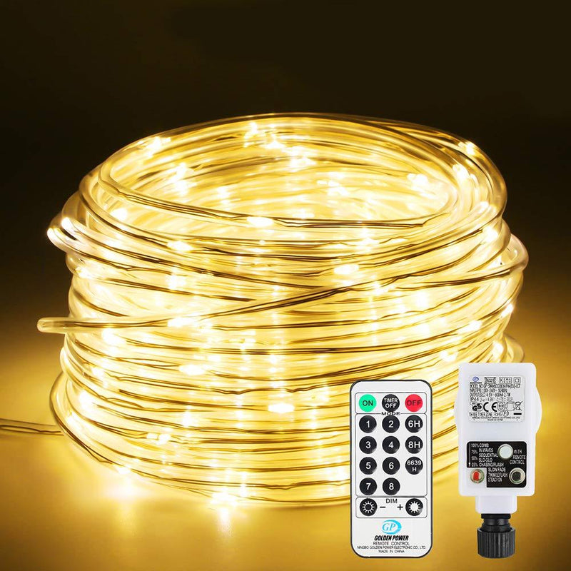 Rope Light Mains Powered, Infankey 66FT 200 LED Rope Lights 5mm, 8 Modes & Warm White, Remote Control & Timer, Waterproof Outdoor Christmas Lights for Garden, Patio, Tree, Room Decor 65ft