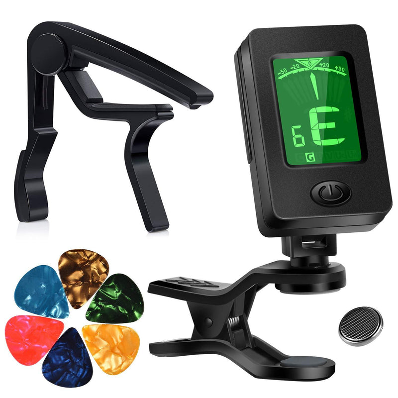 MOREYES Guitar Capo Tuner Clip On Guitar, Bass, Violin, Ukulele Chromatic with Picks (Tuner and Black Capo) Tuner and Black Capo