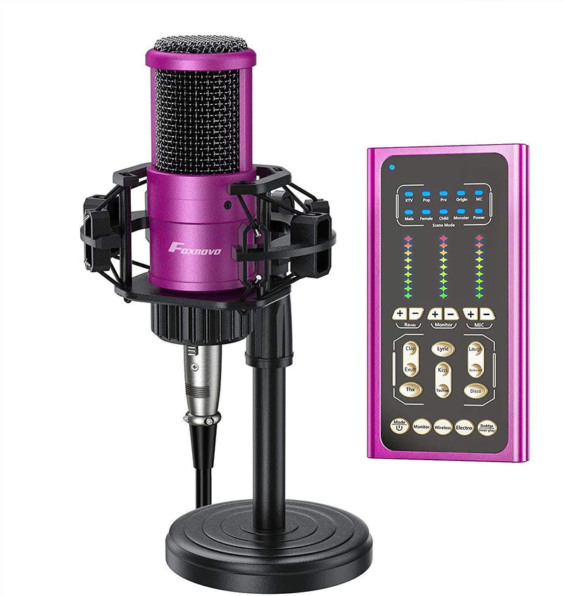 PC Podcast Microphone for Gaming Streaming Recording - Condenser Microphones with Mic Stand & Sound Card (Purple) purple