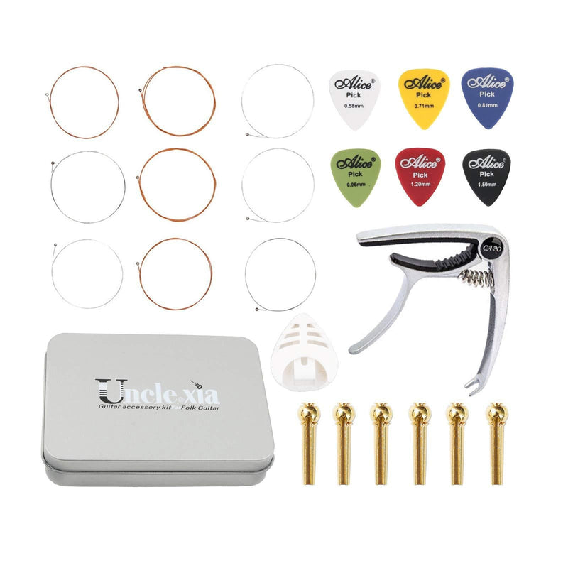 UNCLE.XIA Guitar Accessories Kit Include Folk Guitar Strings, Guitar Pick, Guitar Capo, Copper Bridge Pin, Pick Holder and Special Storage Box