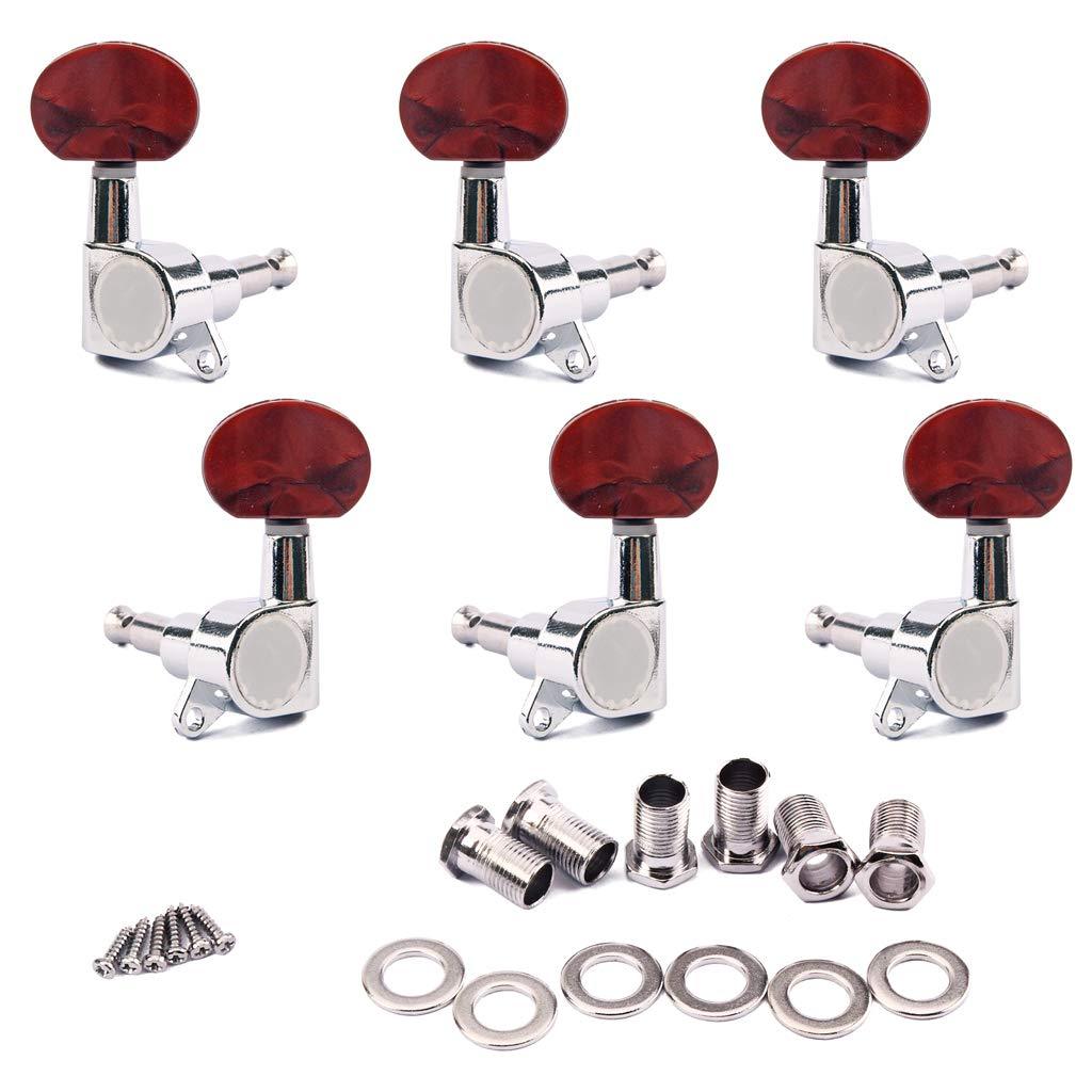 Alnicov 3L3R Enclosed Tuning Pegs Machine Head Tuners Amber Plastic Buttons For Electric Or Acoustic Guitar,Chrome