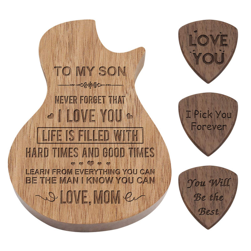 Custom Engraved Wooden Guitar Pick Box Holder Personalised Guitar Shape 3 Compartments Paddles Wood Container with 3pcs Picks Practical Musical Instrument Parts (To My Son From Mom) To My Son From Mom
