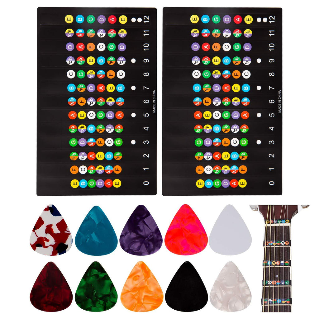 LUTER 2Pcs Guitar Fretboard Stickers and 10Pcs Guitar Picks, 6 Strings Acoustic Guitar Fingerboard Frets Note Decal Stickers for Learning Beginner