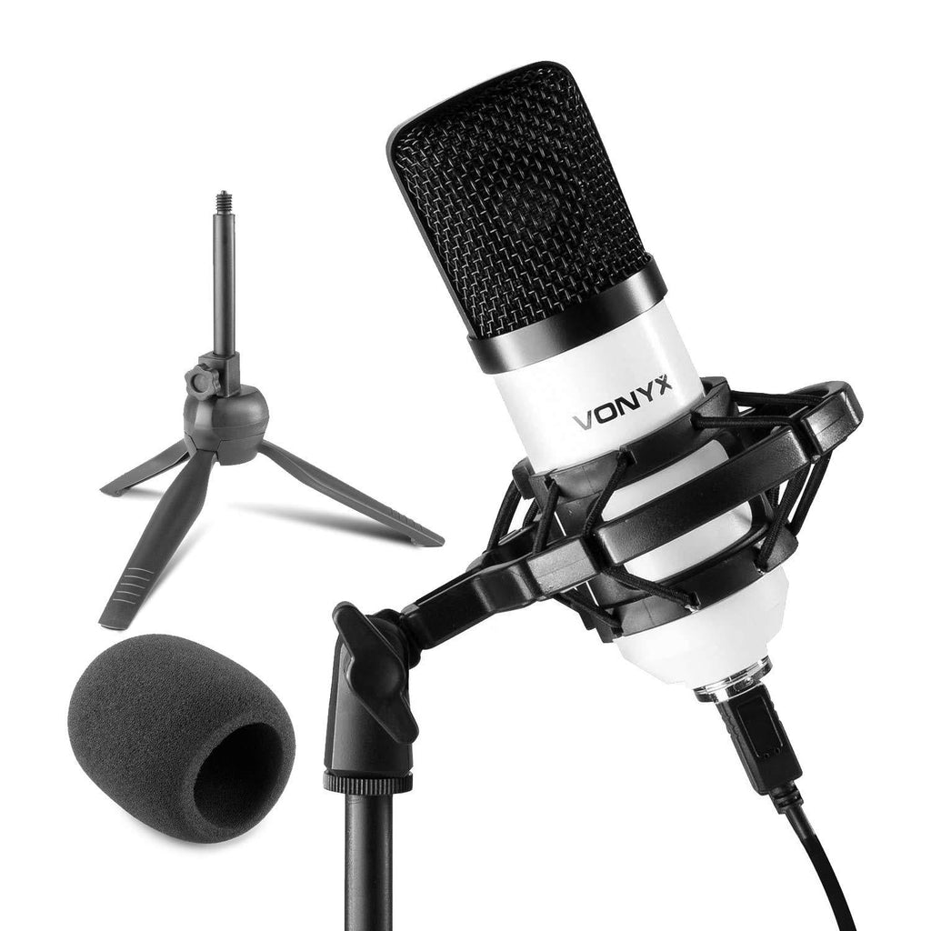VONYX CM300W Condenser Microphone Podcast Broadcasting USB Computer Studio Kit with Mic Tripod Stand & Shock Mount, White USB Condenser Microphone - White