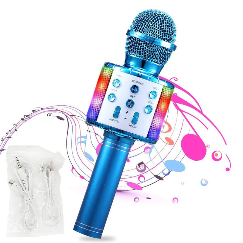 Wireless Bluetooth 32 LEDs Microphone for Children Vocal Portable Handheld Microphone Children's Microphone for Music Playing KTV Party for Android/iOS with Charging Cable and AUX Cable blue