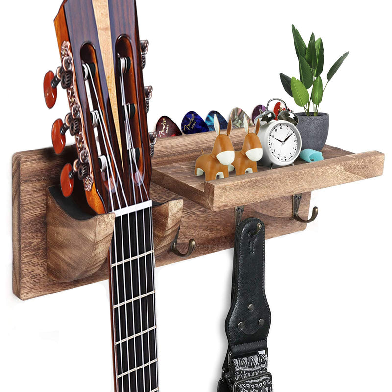 FANFX Guitar Wall Mount Bracket Guitar Wall Hanger Wood Guitar Hanging Rack with Pick Holder Storage Shelf and 3 Metal Hook for Guitar Accessories Electric Acoustic Bass Guitars (brown) brown