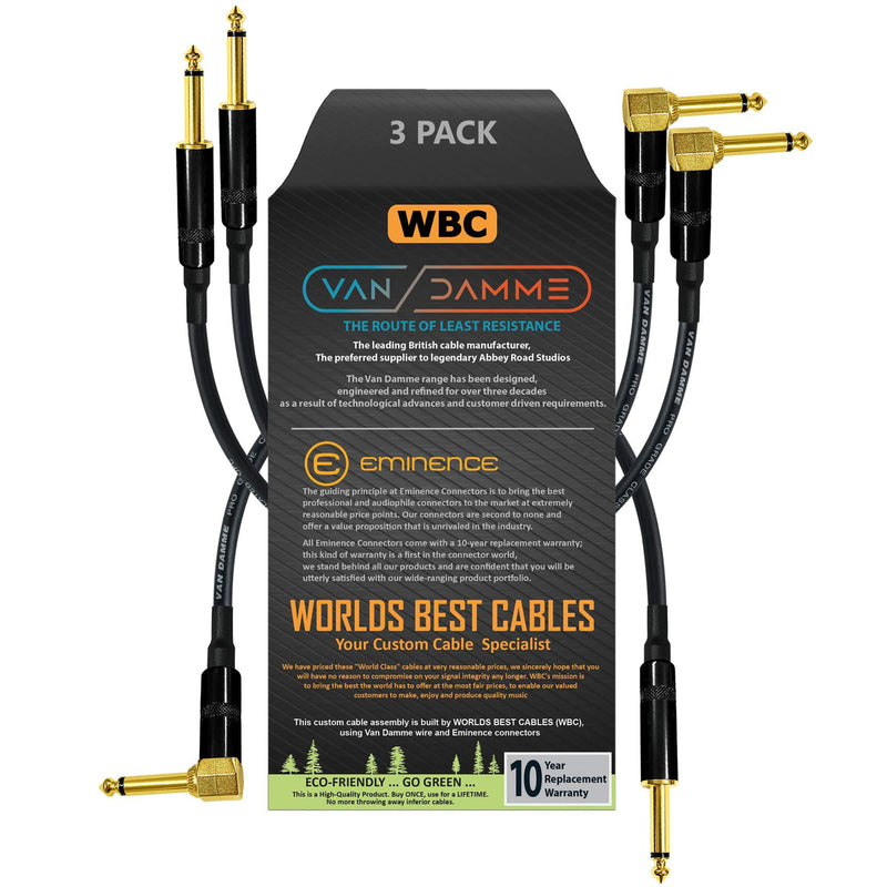 3 Units - 20 CM - Van Damme Pro Grade Classic XKE - Premium Ultra-Flexible Multi-Shielded Guitar Instrument Effects Patch Cable w/Eminence Straight & Angled Gold 6.35mm TS Plugs & Staggered Boots