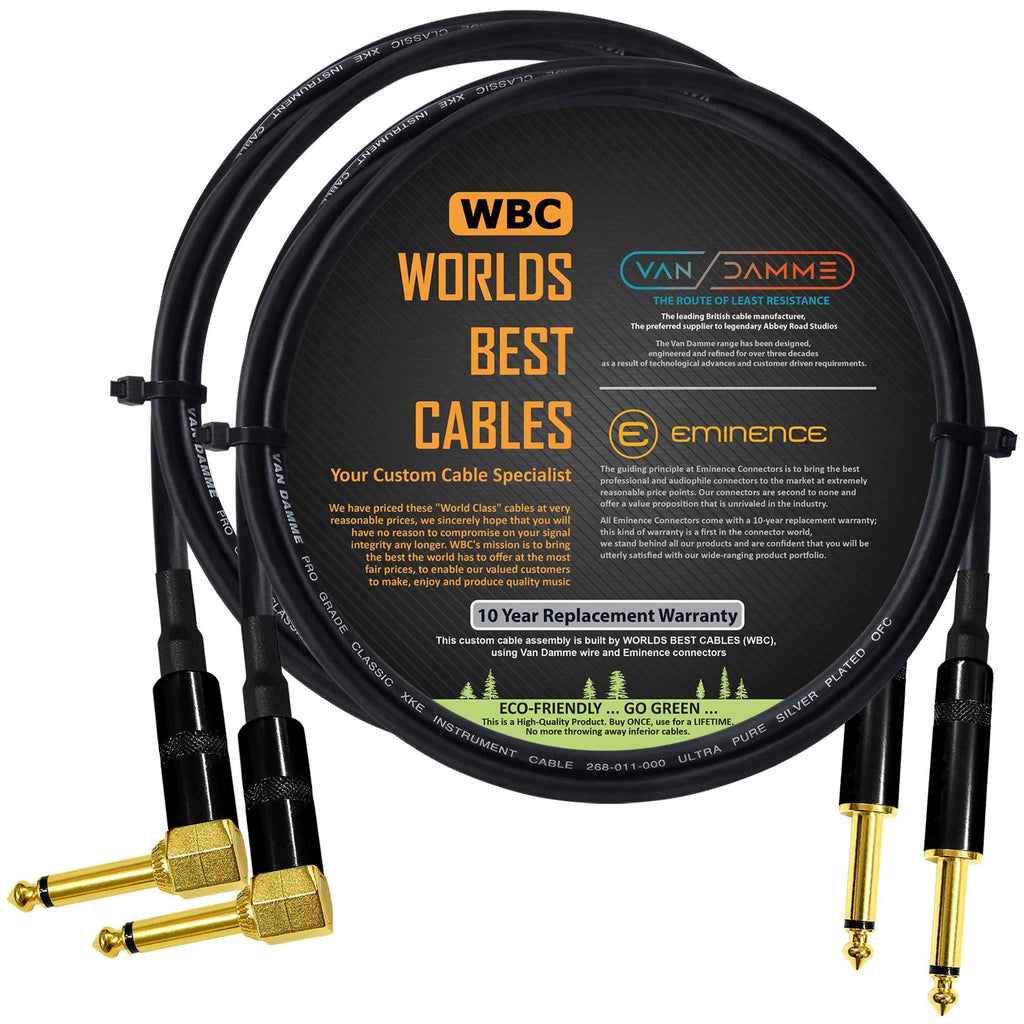 2 Units - 2 Meter - Van Damme Pro Grade Classic XKE - Premium Ultra-Flexible Multi-Shielded Guitar Instrument Effects Patch Cable w/Eminence Straight & Angled Gold 6.35mm TS Plugs & Staggered Boots