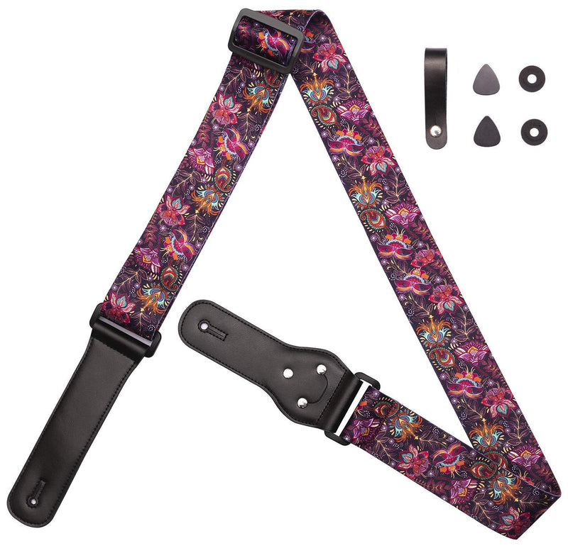 Rose Lake Guitar Strap Genuine Leather Ends & Soft Polyester Guitar Shoulder Strap with Strap Lock+ 2 Picks+ Strap Buttons for Bass, Electric, Acoustic Guitars (Purple Flying Floral) Purple Flying Floral
