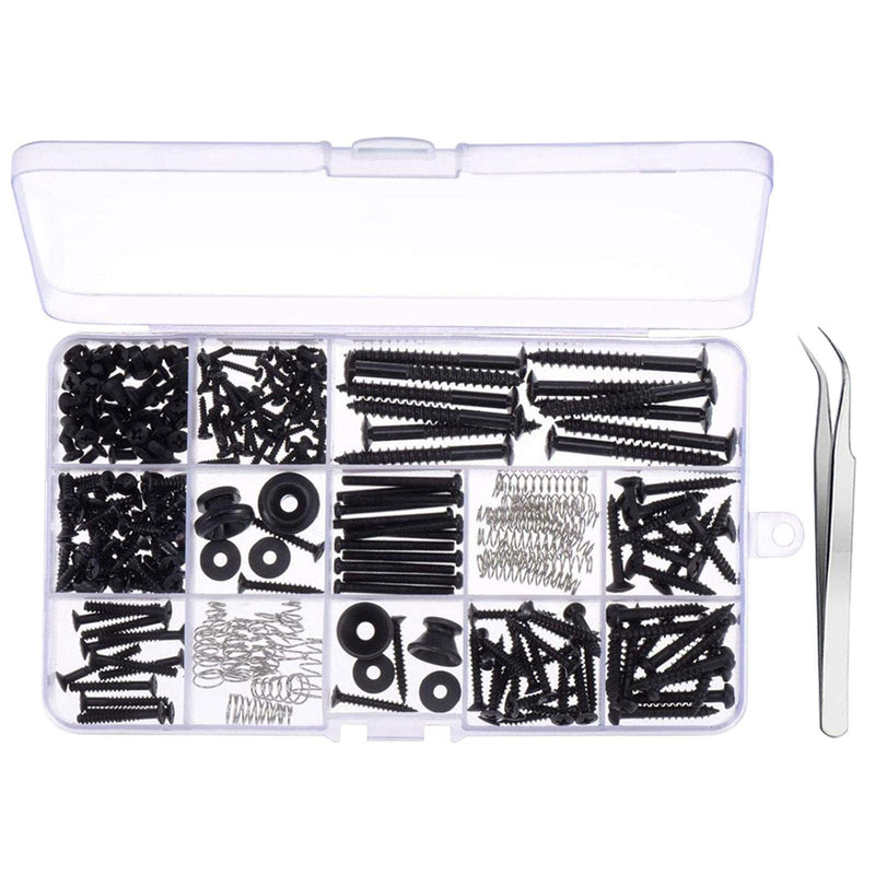 ZDYS 255pcs Guitar Screw Kit Assortment Box Kit with Springs for Electric Guitar Bridge, Pickup, Pickguard, Tuner, Switch, Neck Plate, Guitar Strap Buttons and A Elbow Tweezers, Chrome Black
