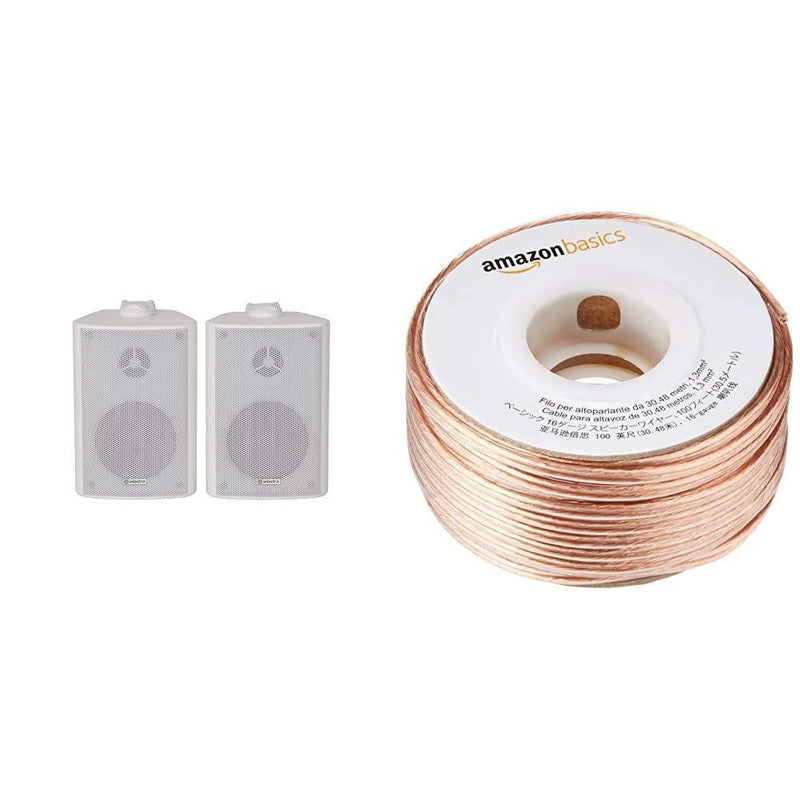 Adastra Stereo Speakers Supplied In Pairs | 60W Max | White & Amazon Basics 16-Gauge Speaker Wire 1.3 mm² - 30.48 m (100 feet)