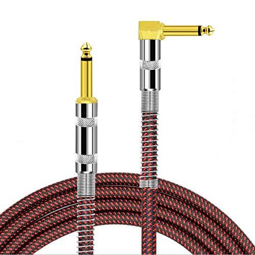 BIGGZ Professional Guitar Lead 3M/10ft, 6.35mm 1/4" Right Angled Nylon Braided Gold Plated Guitar Instrument Cable for Electric Guitar, Bass, Amp, Keyboard, Mandolin, Mixing Desks-STR/ANG (RED) RED