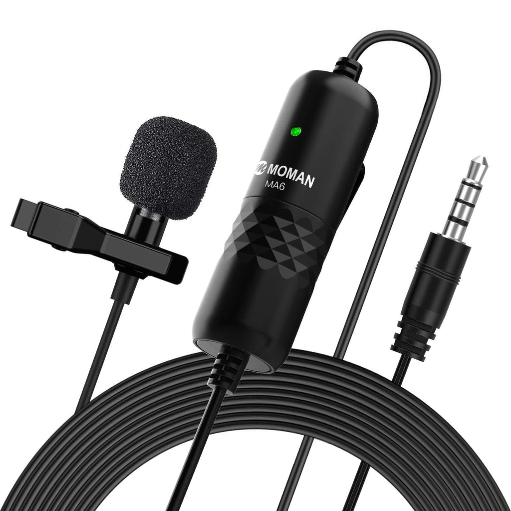 MOMAN MA6 Lavalier Microphone, Clip-on Omnidirectional Lapel Mic with 6 Meter/19.7 Feet Cord, Compatible with iPhone Android Smartphone DSLR Camera, Perfect for Broadcast Interview Youtube