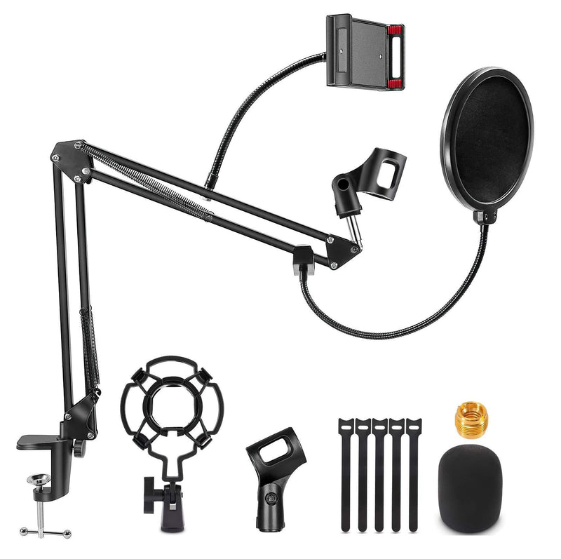 HEXIN Adjustable Microphone Stand Mic Suspension Boom,Desk Mic Scissor Arm Stand with Shock Mount,Table Mounting Clamp, 3/8'' to 5/8'' Screw Adapter for Blue Yeti,Snowball and Other Microphone (Black) Black