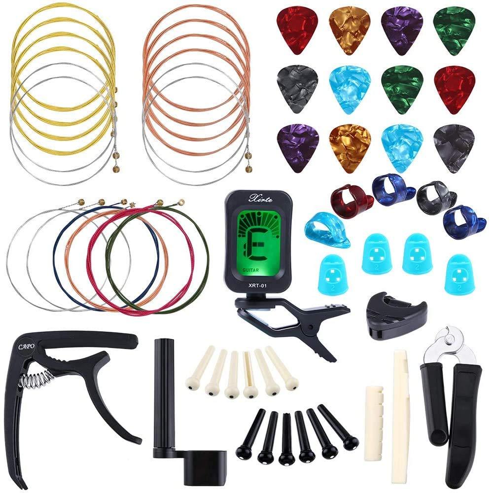 Yeelua 58 PCS Guitar Accessories Kit Including Guitar Strings, Picks, Capo, Thumb Finger Picks, String Winder, Bridge Pins, Pin Puller, Pick Holder, Finger Protect