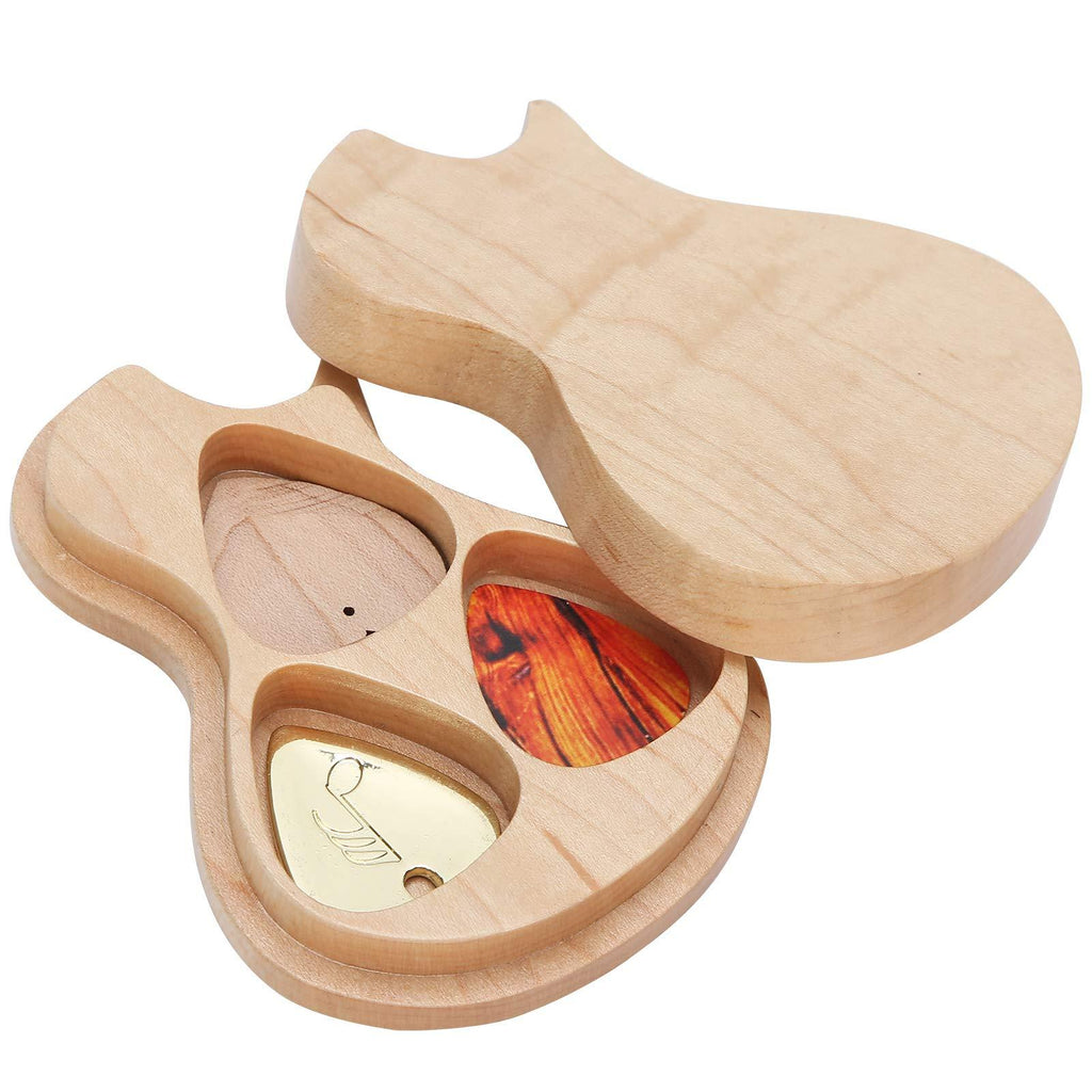 Wood Guitar Pick Box, Maple Solid Wood Box Guitar Pick Holder with 3 Picks Guitarist Gifts Musical Instrument Accessories