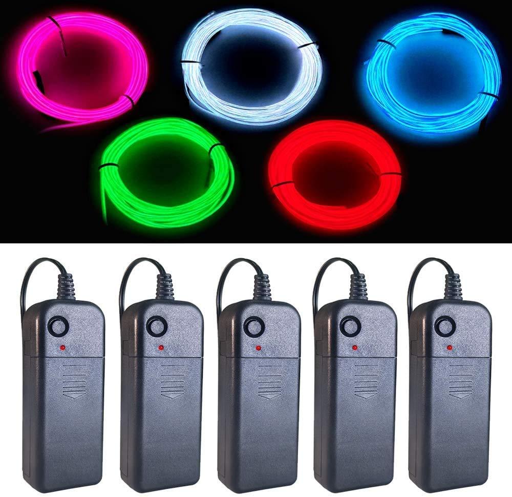 EL Wire 5 Colors, 9ft Neon Light Wire 5 Pack Noise Reduction with Battery Pack(Green, Blue, Red, White, Pink)for Halloween Decorations DIY Costume