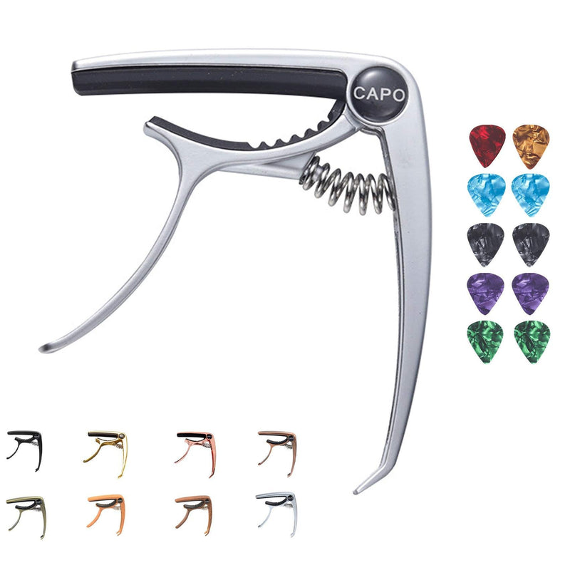 Elehui Guitar Capo with 10pcs Guitar Pick for 6-String - Can Easily Tilt the Fixed String Cone, Suitable For Acoustic & Electric Guitars (Silver) Silver