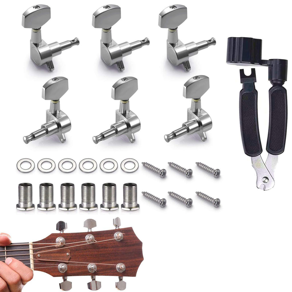 gotyou 6PCS Guitar String Tuning Pegs 3L3R, Knobs Tuning Keys, Acoustic Guitar Tuning Pegs Machine Head Tuners, 3-In-1 Guitar String Winder And Cutter, Guitar Repairing and Adjustment Tool (Silver)