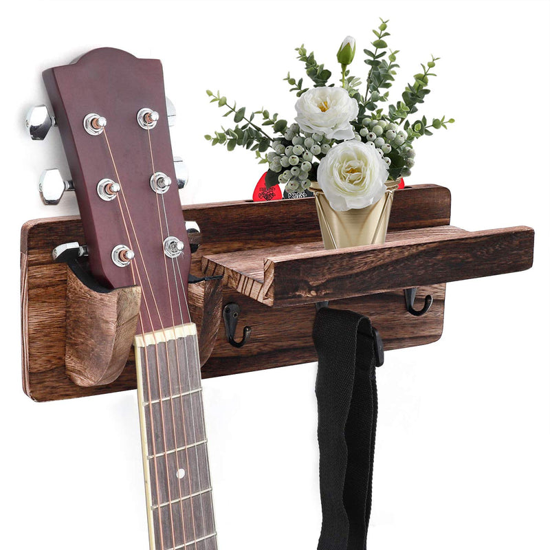 HomeMall Guitar Wall Mount Bracket Guitar Wall Hanger Wood Guitar Hanging Rack with Pick Holder Storage Shelf and 3 Metal Hook for Guitar Accessories Acoustic Bass Guitars