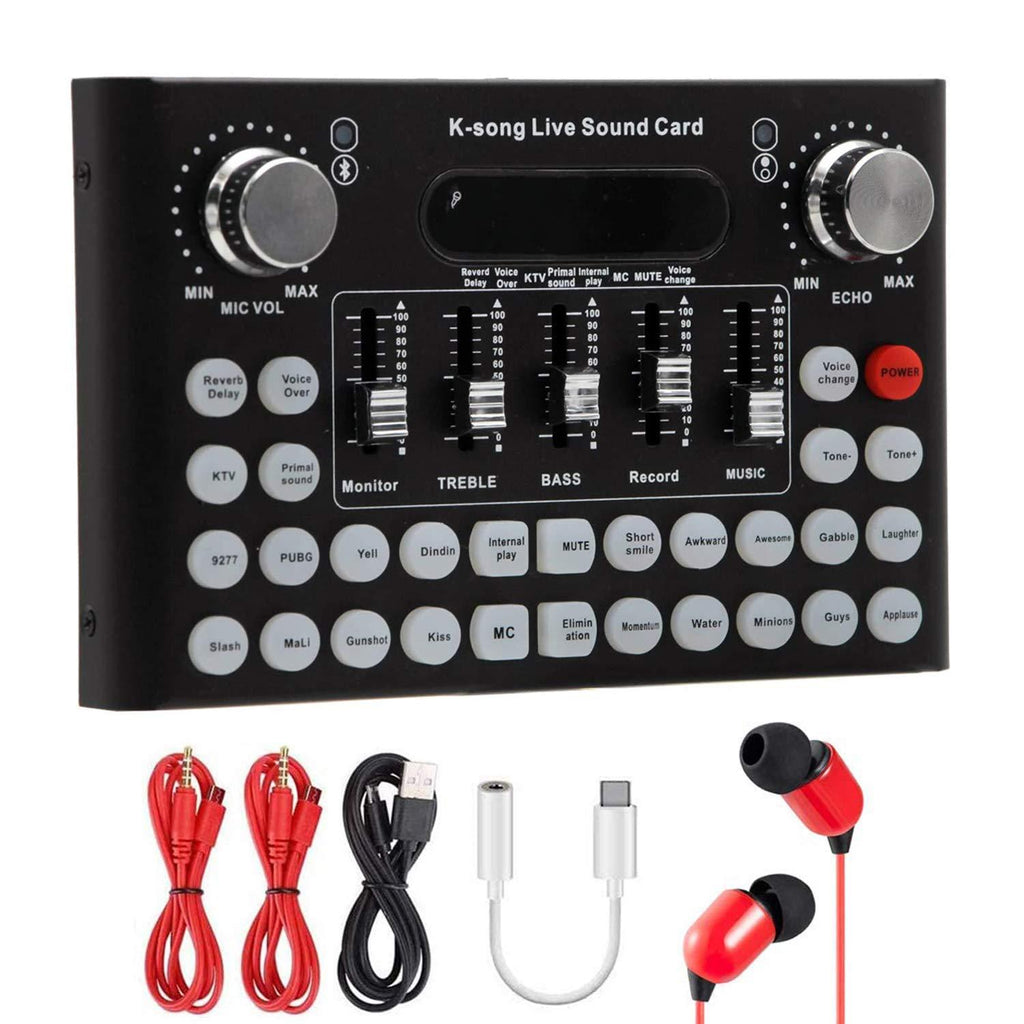 Bluetooth Live Sound Card Mixer Board, Voice Changer Multiple Sound Effects Audio Box for Live Streaming Computer Mobile Phone