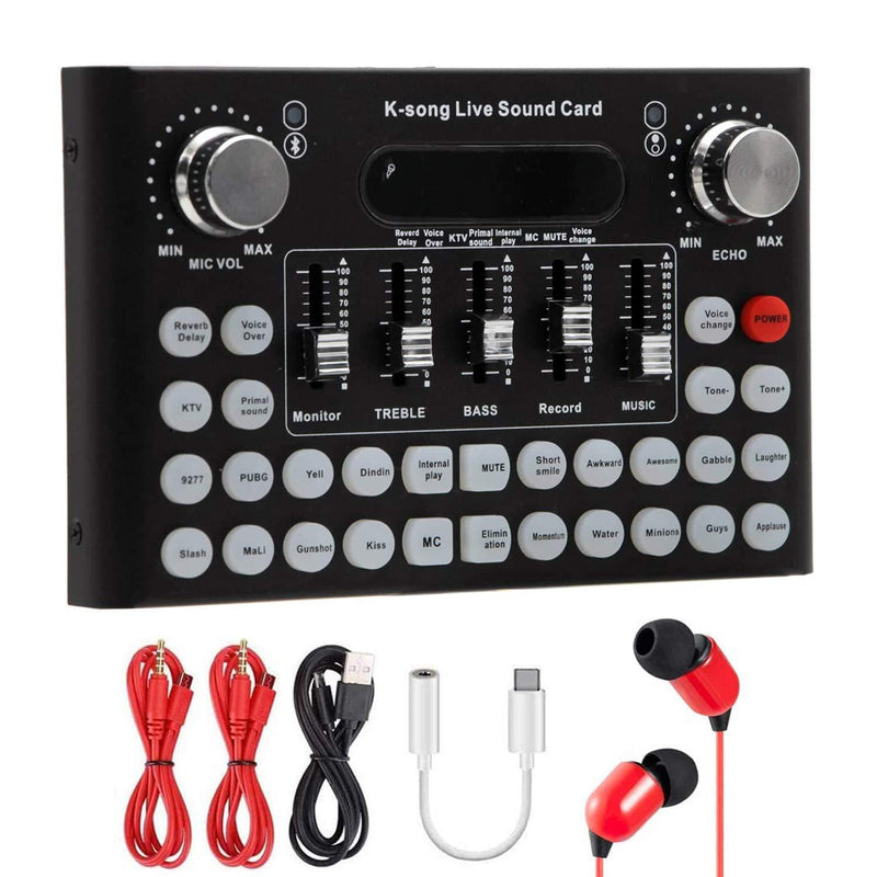 Bluetooth Live Sound Card Mixer Board, Voice Changer Multiple Sound Effects Audio Box for Live Streaming Computer Mobile Phone
