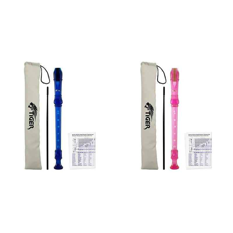 Tiger Pink Descant Recorder - Cleaning Rod & Case, REC7-PK + Tiger Kids Coloured Descant Recorder - Blue Soprano Recorder, REC7-BL