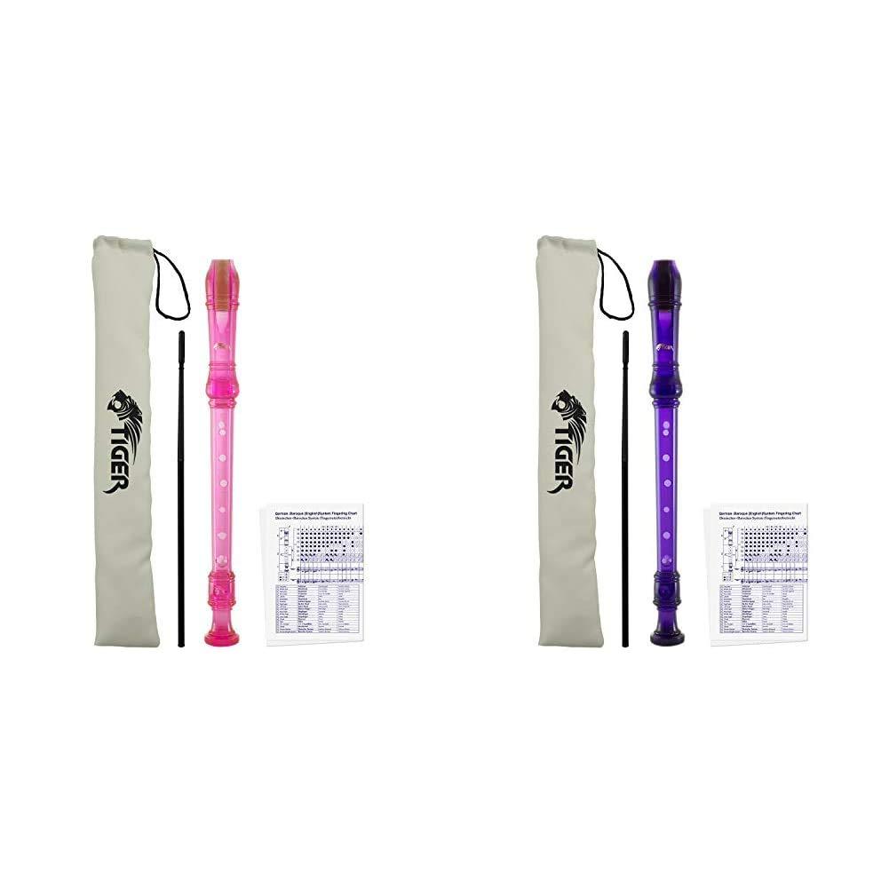 Tiger Music Purple Descant Recorder - Cleaning Rod & Case + Tiger Pink Descant Recorder - Cleaning Rod & Case, REC7-PK