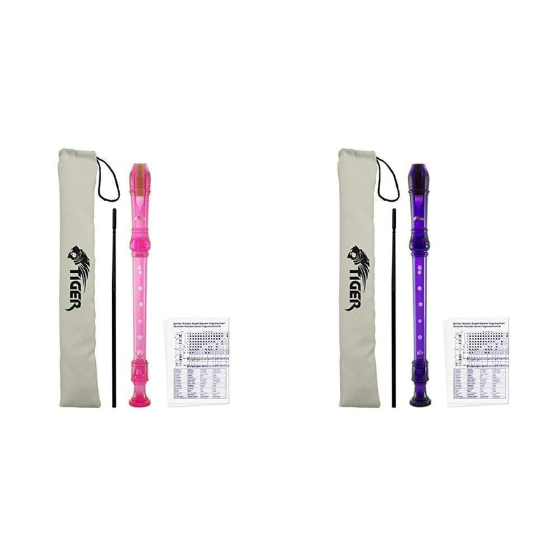 Tiger Music Purple Descant Recorder - Cleaning Rod & Case + Tiger Pink Descant Recorder - Cleaning Rod & Case, REC7-PK