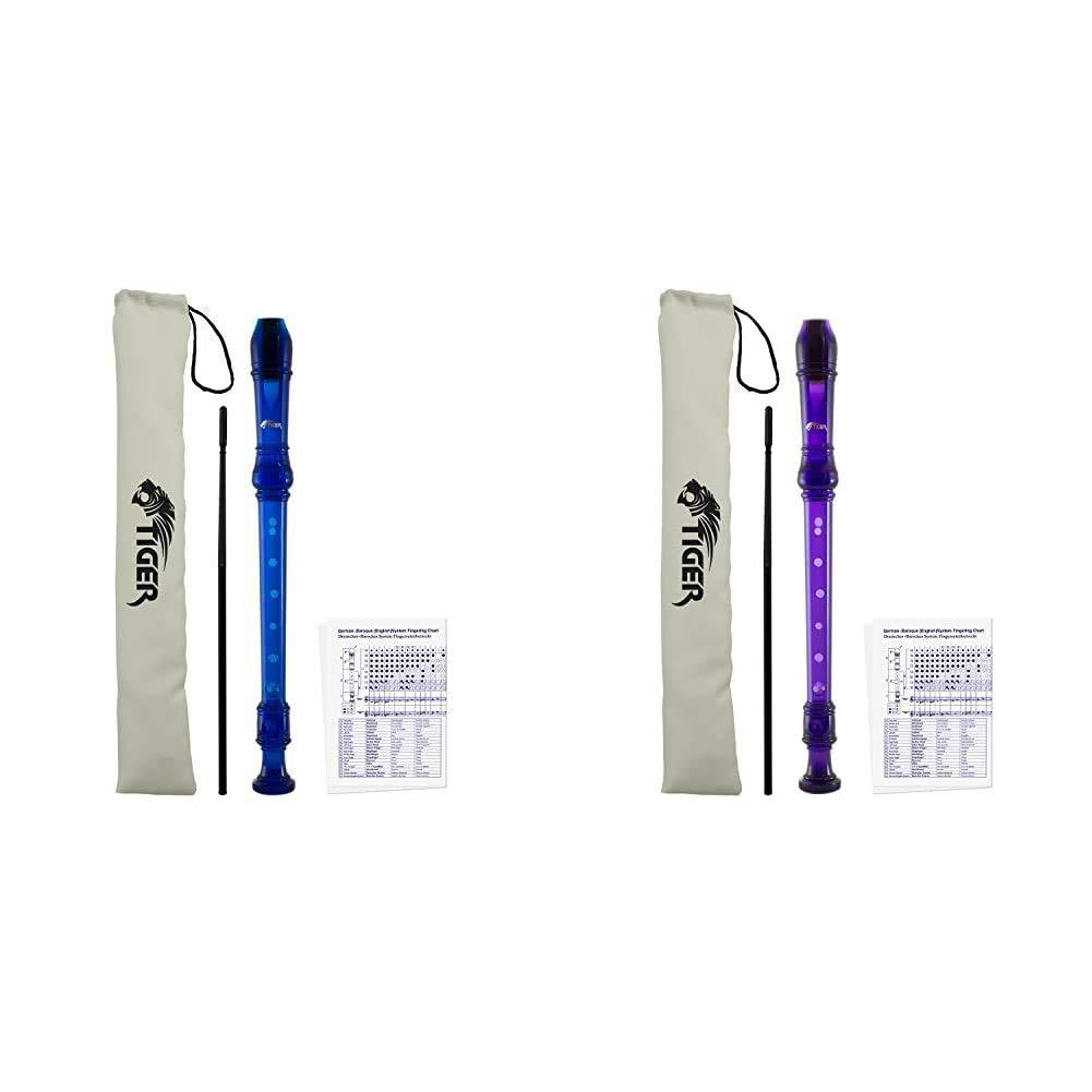 Tiger Music Purple Descant Recorder - Cleaning Rod & Case + Tiger Kids Coloured Descant Recorder - Blue Soprano Recorder, REC7-BL