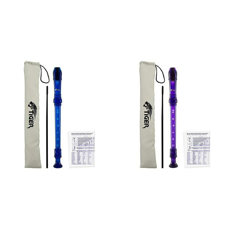 Tiger Music Purple Descant Recorder - Cleaning Rod & Case + Tiger Kids Coloured Descant Recorder - Blue Soprano Recorder, REC7-BL