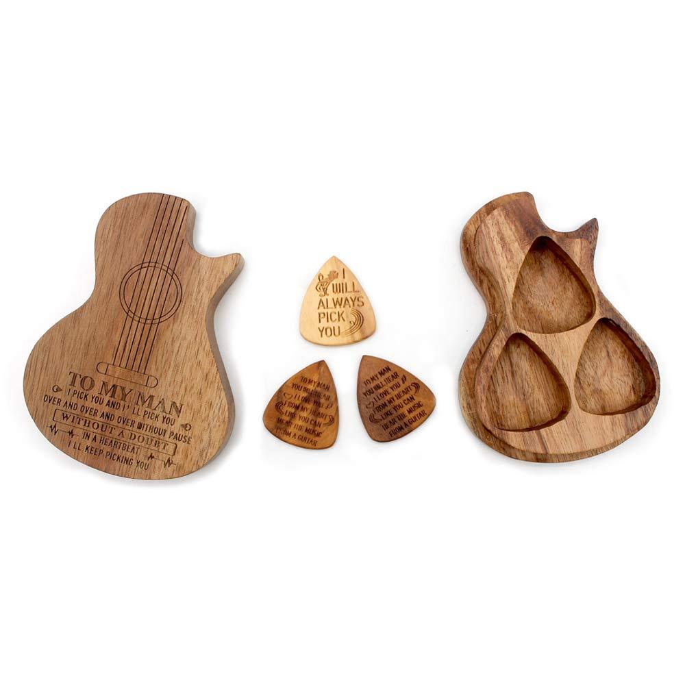 WANLIAN Wood Guitar Picks, Container with 3 Pcs Standard Guitar Picks Set, Suitable for Bass, Electric Guitar, Folk Guitar and Ukulele. The Best Gift for Boyfriend Guitarists and Guitar Lovers