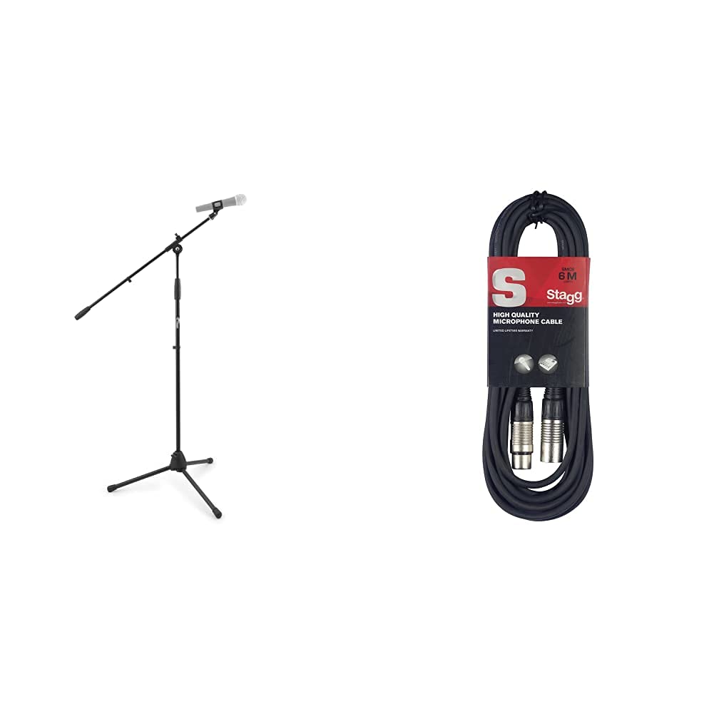 Tiger MCA68-BK Microphone Boom Stand, Mic Stand with Free Mic Clip, Black & Stagg 6m High Quality XLR to XLR Plug Microphone Cable Without Bag