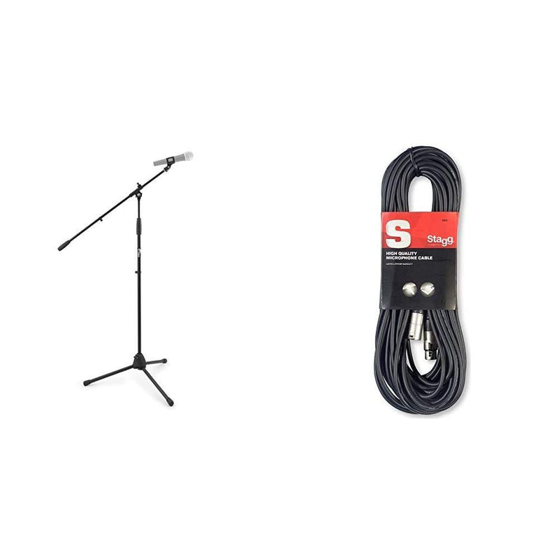 Tiger MCA68-BK Microphone Boom Stand, Mic Stand with Free Mic Clip, Black & Stagg 10m High Quality XLR to XLR Plug Microphone Cable