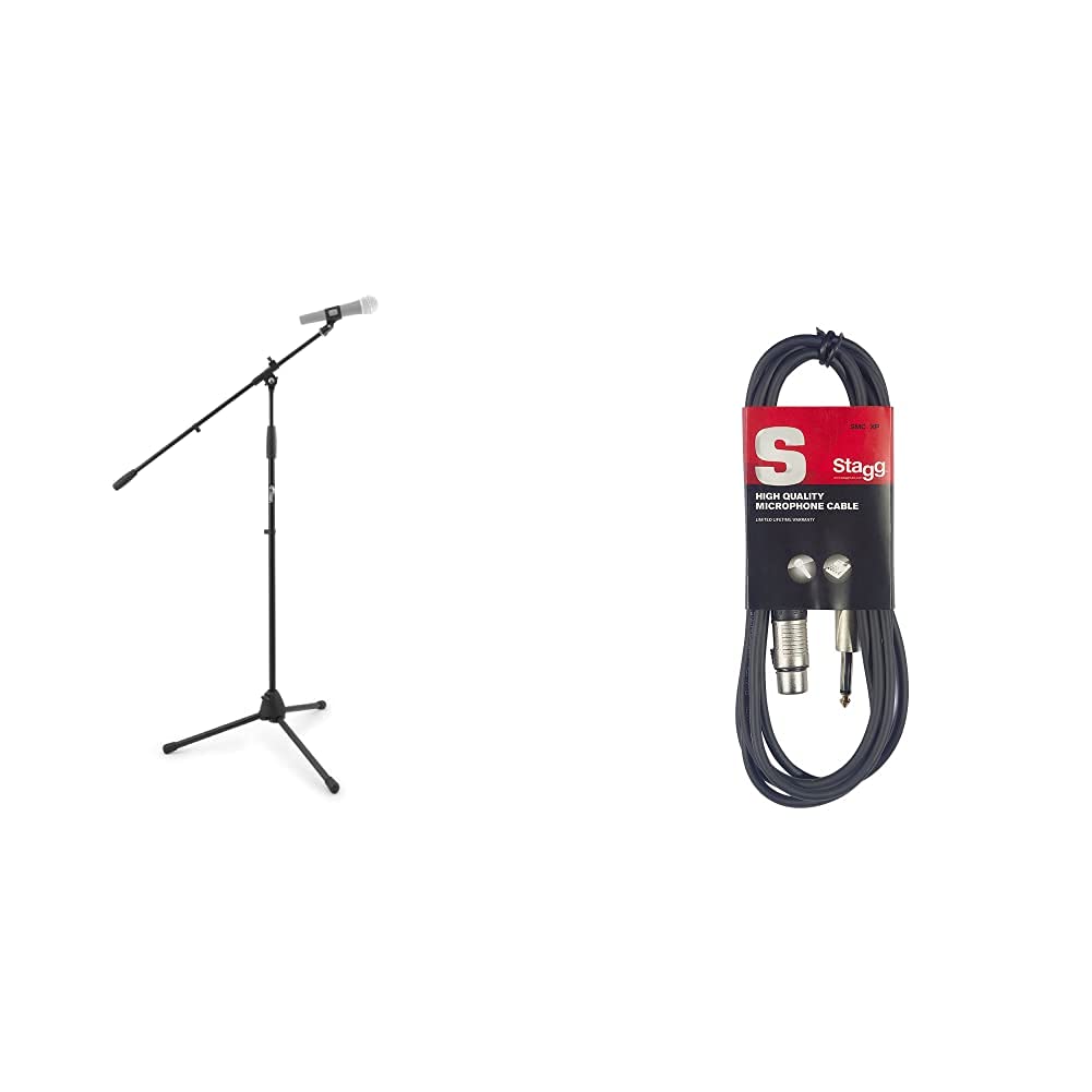 Tiger MCA68-BK Microphone Boom Stand, Mic Stand with Free Mic Clip, Black & Stagg 6m High Quality XLR to Phono Plug Microphone Cable